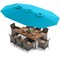 10-Piece Outdoor Wicker Dining Set with Acacia Wood Table, Cushioned Chairs and 15 Feet Umbrella